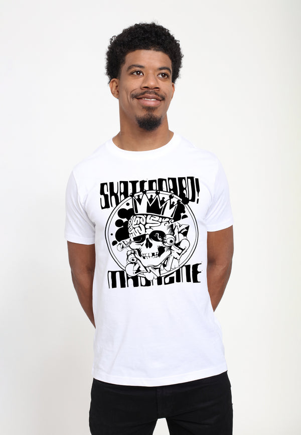 Skateboard -Magazin weiß T -Shirt (Skateboardmagazin -Schädel weiß T -Shirt)