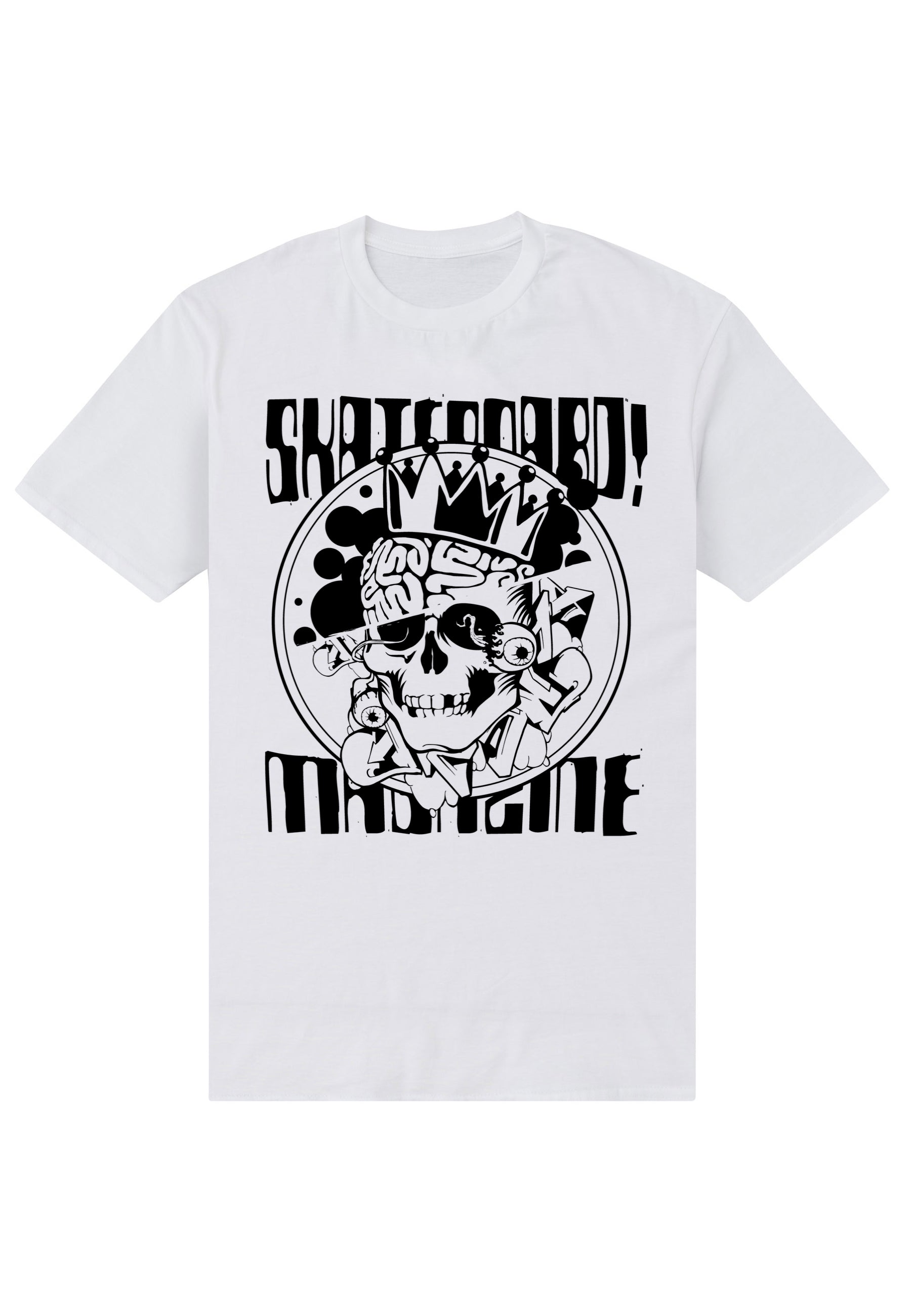 Skateboard -Magazin weiß T -Shirt (Skateboardmagazin -Schädel weiß T -Shirt)