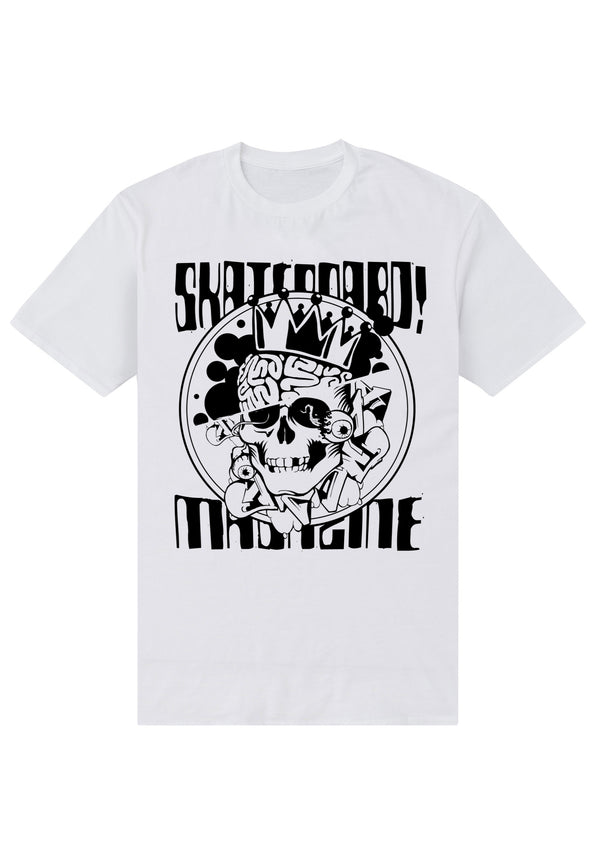 Skateboard -Magazin weiß T -Shirt (Skateboardmagazin -Schädel weiß T -Shirt)